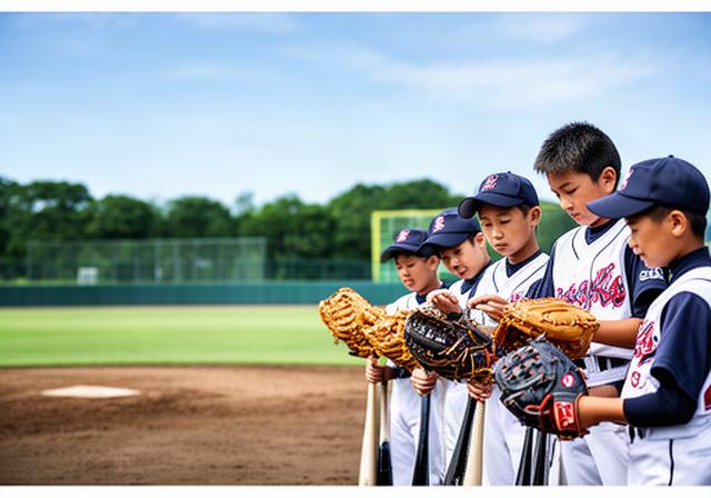 室蘭の野球場で少年野球チームが揃いのグローブとバットを確認する様子